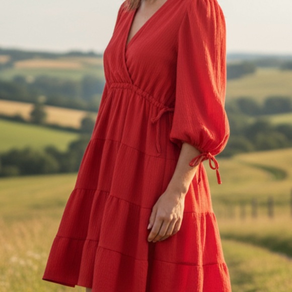 Max Studio NWT Vibrant Red V Neck Side Tie Boho Tiered Crinkle Jersey Knit Dress - Picture 5 of 13